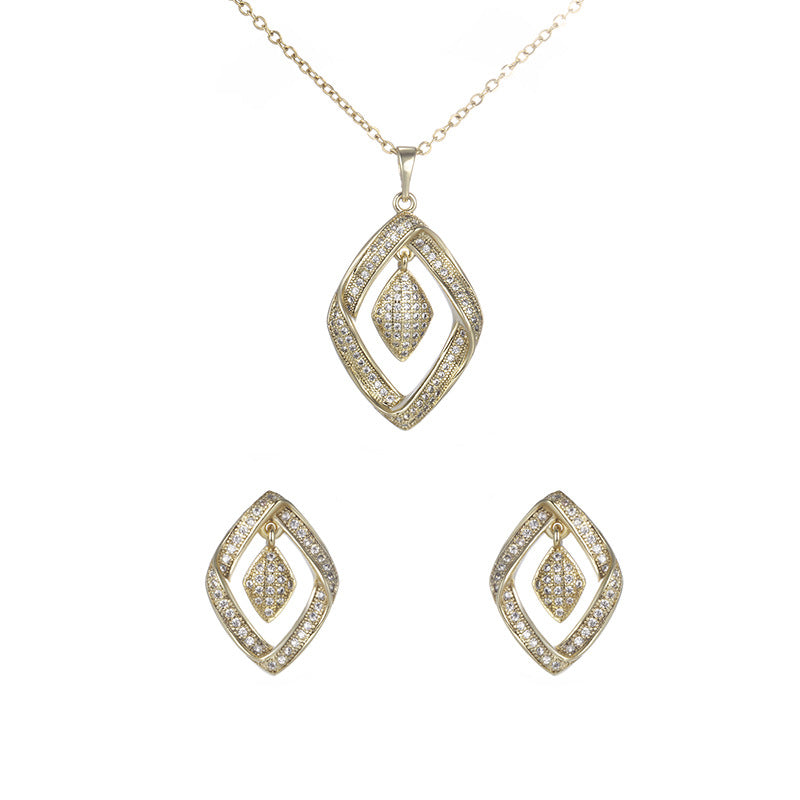 Wholesale Alloy Micro Inlaid Zirconia Diamond Shaped Fashionable High-end Feeling Fashionable Earrings Necklace Two-piece Set